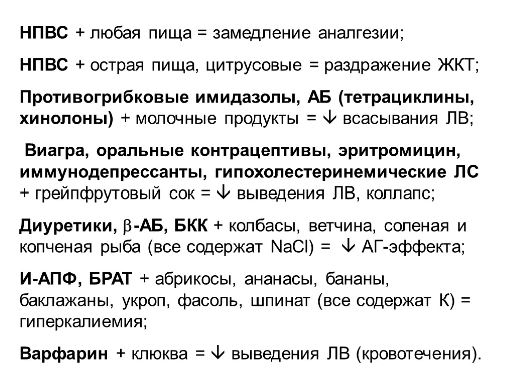 НПВС + любая пища = замедление аналгезии; НПВС + острая пища, цитрусовые = раздражение